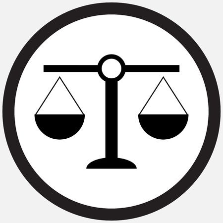 Scale icon black white. Weight scale and balance, scales of justice and balance scale, equality and freedom, measurement equal. Vector flat design illustrationのイラスト素材