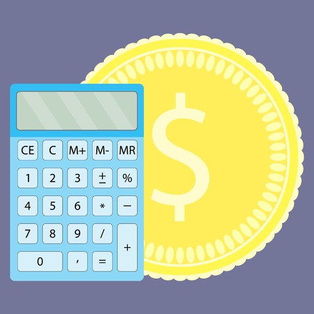 Count money on calculator. Money and money counting machine, counting and money counter, counting coins and calculator, financial calculate and saving budget. Vector flat design illustrationのイラスト素材