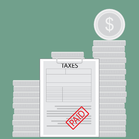 Taxes paid money saved. Payment and growth finance, pile coin silver and earning fund or income coin. Vector flat design illustrationのイラスト素材
