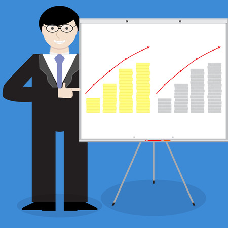 Presentation of financial report gold silver money. Financial and  report, finance and annual report, financial planning and growth business graphic. Vector flat design illustrationのイラスト素材