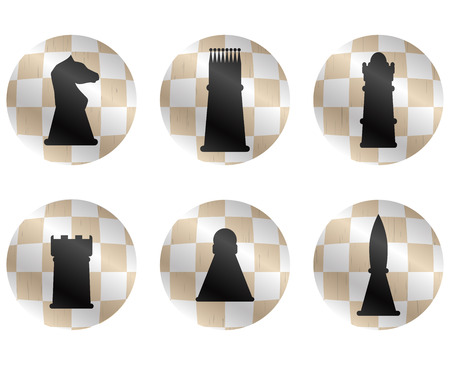 Chess figures icon set. Cheese strategy and chess pieces, chess king and playing chess game, king and queen, bishop and knight or pawn and rook. Vector flat design illustrationのイラスト素材