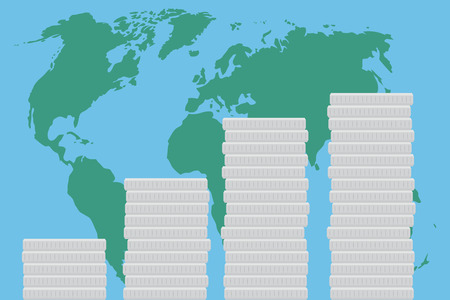 Global business finance map money. World map and global market concept, economy and investment success growth.  Vector flat design illustrationのイラスト素材