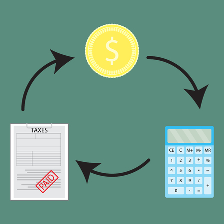 Cycle of money and account to pay taxes. Financial paper document, profit calculate money tax. Vector flat design illustrationのイラスト素材