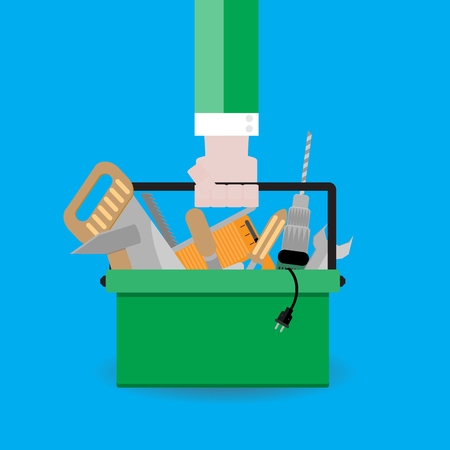 Hand holds toolbox. Tools for repair and illustration of toolkit vectorのイラスト素材