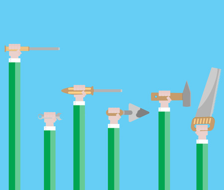 Construction tools hold hands. Hand tool for construction, equipment for work and repair. Vector illustrationのイラスト素材