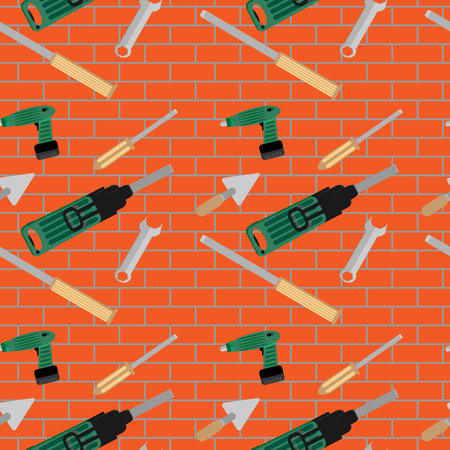 Seamless pattern with hand tools. Repair with screwdriver and punch, wall brick pattern, vector illustrationのイラスト素材