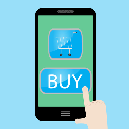 Buy now with use smart phone. Sale web and buy cart with internet, vector illustrationのイラスト素材