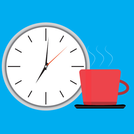 Wake up clock and cup of coffee. Wake up happy, morning waking up, get up vector illustrationのイラスト素材