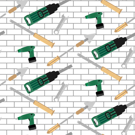 Pattern tools construction on brick wall. Repair work tool, illustration screwdrive and punch, chisel, and trowel vectorのイラスト素材