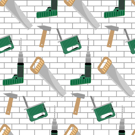 Seamless pattern with tools for construction. Power instruments drill and hammer, vector illustrationのイラスト素材
