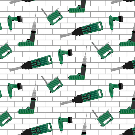 Power tools vector pattern seamless. Background pattern with power tools. Illustration seamless pattern brick wallのイラスト素材