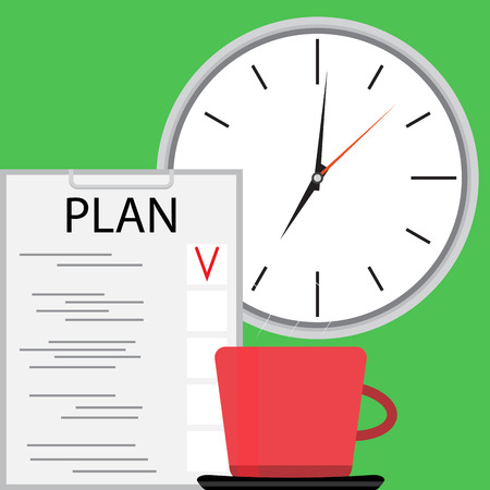 Planning with coffee. Plane and strategy, business plan project, planning process. Vector illustrationのイラスト素材
