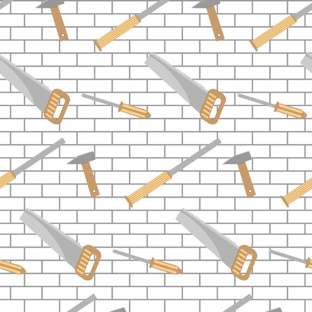 Carpentry tools pattern design brick wall. Hammer and saw, industry with instrument for service, vector illustrationのイラスト素材