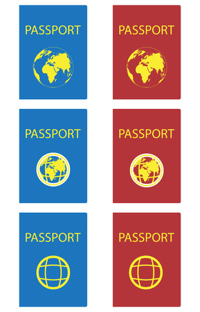 Set of passports red and blue. Passport page and passport isolated on white background. Vector illustrationのイラスト素材