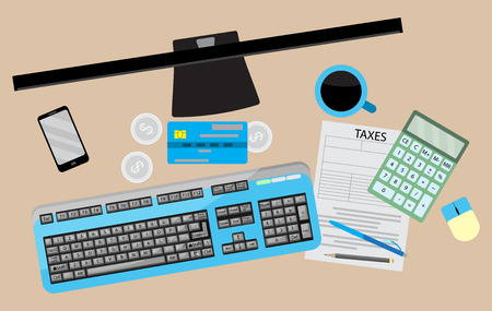 Counting taxes. Accountant workplace with money and tax form, calculator and credit card. Vector illustrationのイラスト素材
