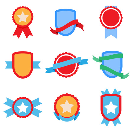 Flat badge set. Label banner, shield with ribbon, sticker and badge vector illustrationのイラスト素材