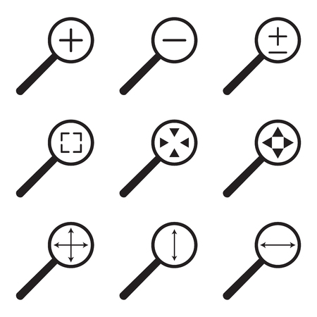 Magnifying glass web icon set. Magnifying glass icon, enlarge and reduce, zoom with width and height, vector illustrationのイラスト素材