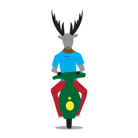 Hipster deer on a moped. Animal hipster character travel on motorcycle, vector illustrationのイラスト素材