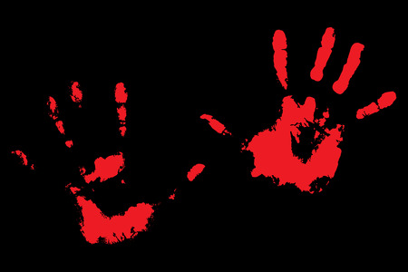 Bloody handprints on black. Print of human palm. Vector illustrationのイラスト素材
