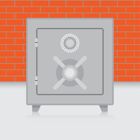 Metal safe on brick wall background. Bank safe and combination safe, vector illustrationのイラスト素材