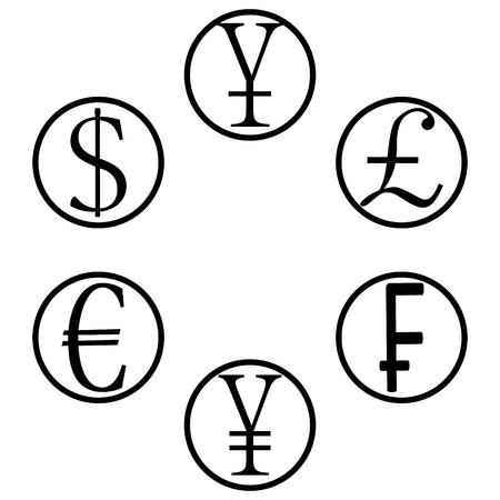 Currency basket icons. Yen and pound, yuan and eur, gbp and jpy money. Vector illustrationのイラスト素材