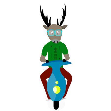Deer hipster cartoon. Hipster in glasses on moped, hip trendy, vintage hipster fashion. Vector illustrationのイラスト素材