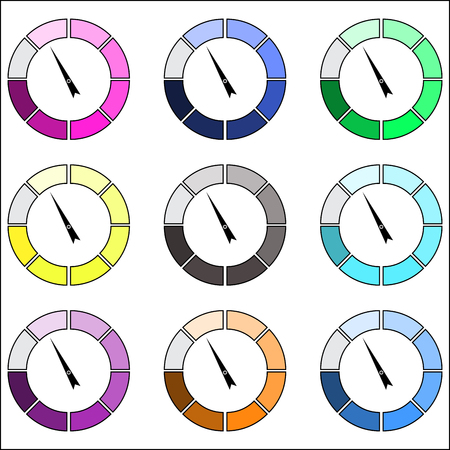 Indicator round color set. Index pointer arrow, measure and performance indicators. Vector illustrationのイラスト素材