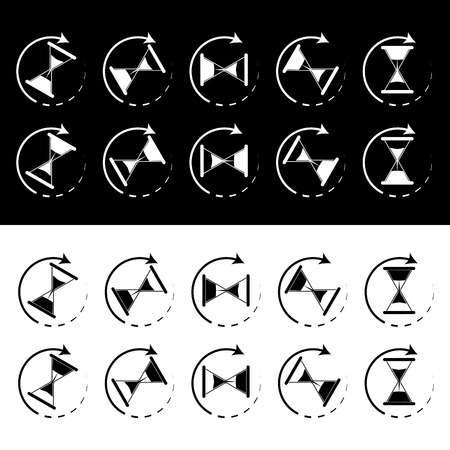 Hourglass animation black white. Time clock, sand clock and stopwatch, time running out, vector illustrationのイラスト素材