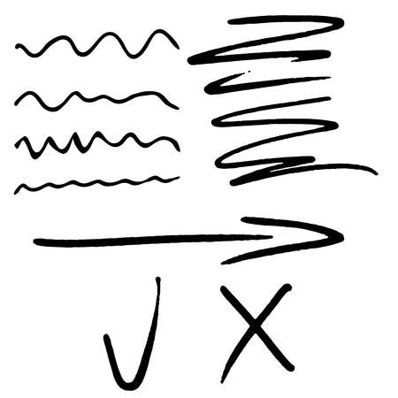 Stroke marker arrow tick and cross. Marker line brush stroke, marker scribble and pen stroke, vector illustrationのイラスト素材
