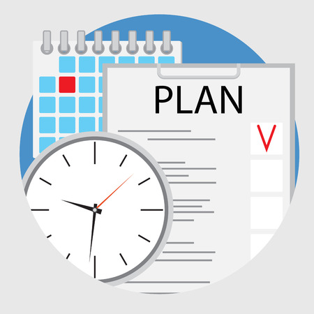 Planning and organization of time flat icon vector. Plane and strategy, planning process schedule, illustration of strategic planningのイラスト素材