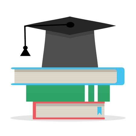 Education, stack of books and hat. Pile of books, stack of books isolated. Vector illustrationのイラスト素材