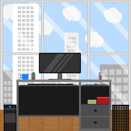 Computer station and urban landscape from window. Office workplace, business office interior. Vector illustrationのイラスト素材
