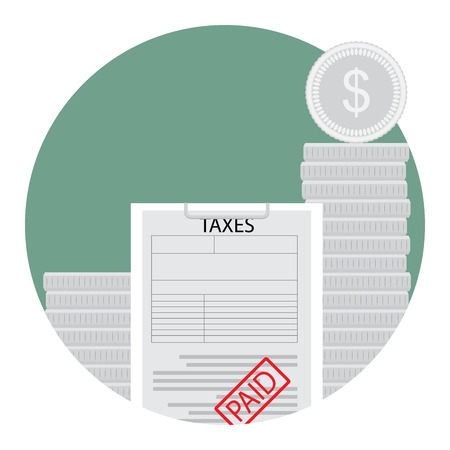 Paid taxes icon. Coin and tax form, paper taxation and accounting income, vector illustrationのイラスト素材