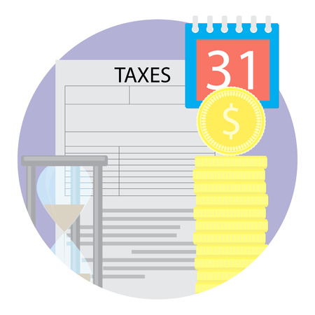 Taxation icon flat. Tax form and money coin with hourglass. Vector illustrationのイラスト素材