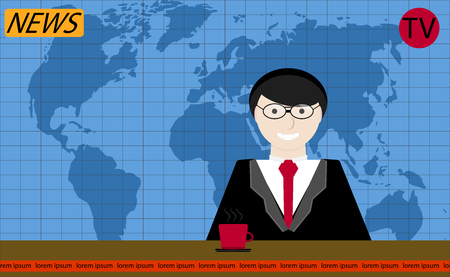Reporter tv news vector. Tv journalism, journalist on television, reporter with latest news illustrationのイラスト素材