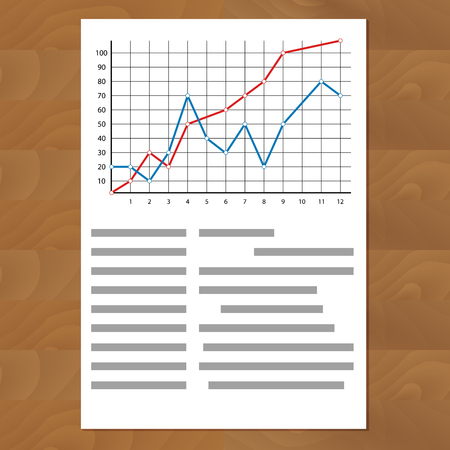 Statistics comparing graph curves. Document paper with color line, annual timeline profit info, vector illustrationのイラスト素材