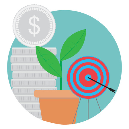 Goal achieved, success icon. Stack coin and green sprout, bulls eye, vector illustrationのイラスト素材