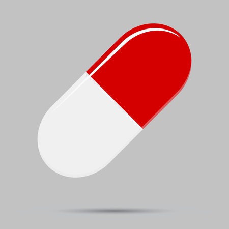 Capsule tablet red white vector. Pharmaceutical capsule for medication, antibiotic or vitamin illustrationのイラスト素材