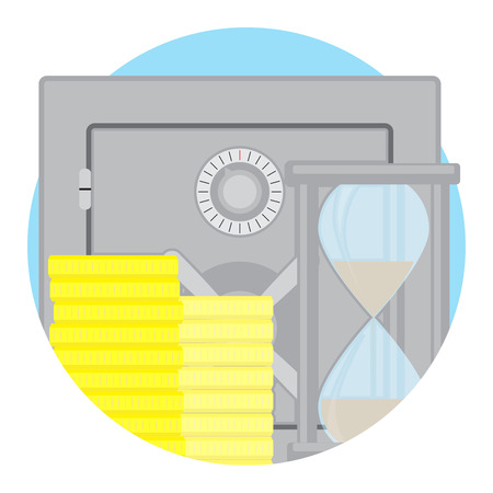 Capitalization of deposit icon flat vector. Protection money in safe steel, time and clock hourglass illustrationのイラスト素材
