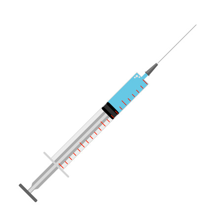 Syringe vector flat isolated on white background. Syringe with needle for medical drug injection, vaccine for care and treatment. Vector illustrationのイラスト素材