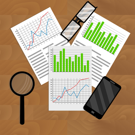 Business analyst annual report. Marketing report and workspace with graph and chart analysis, vector illustrationのイラスト素材