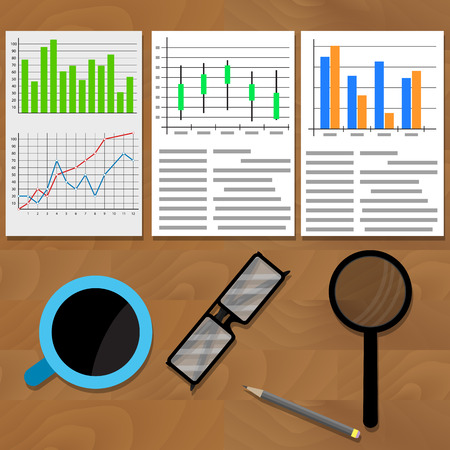 Analysis of data charts and graphs. Diagram statistic infographic, business workspace, vector illustrationのイラスト素材