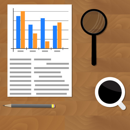 Analytics vector flat. Plan earning on table, office diagram accounting illustrationのイラスト素材