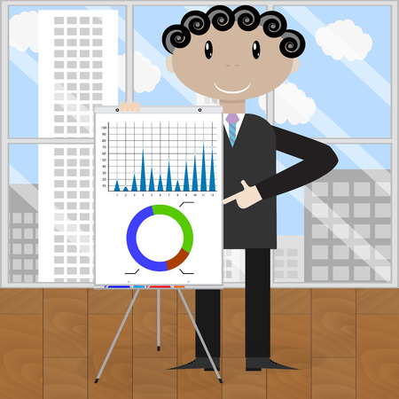 Presentation graphics and charts. Business man shows company annual results in graphic. Vector illustrationのイラスト素材