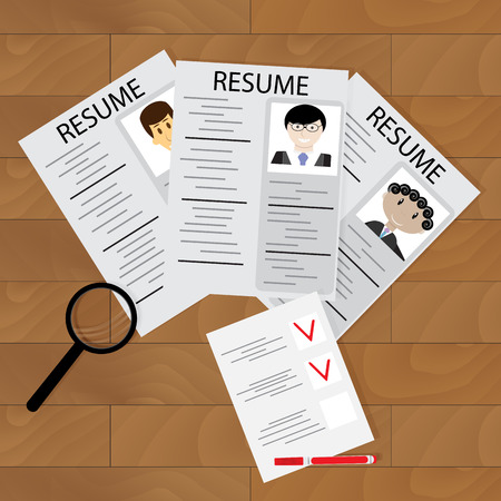 Selecting job, hiring. Resource employee and career, people candidate to company and checklist. Vector illustrationのイラスト素材
