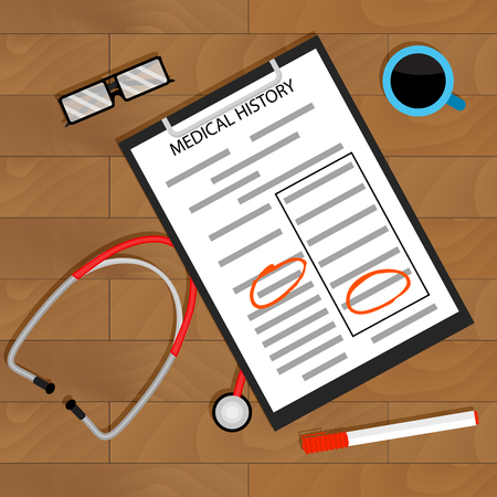 Paperwork healthcare in clinic, desk with glasses and stethoscope.のイラスト素材