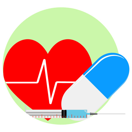 Heart reanimation icon. Injection and pill for healthy heart.のイラスト素材