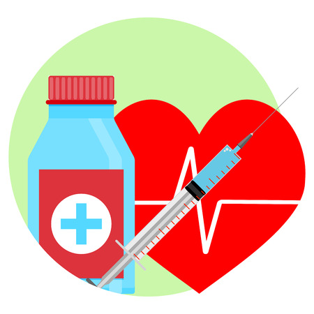 Drugs for heart icon. Tablets and injection, vector illustration. Help and reanimationのイラスト素材