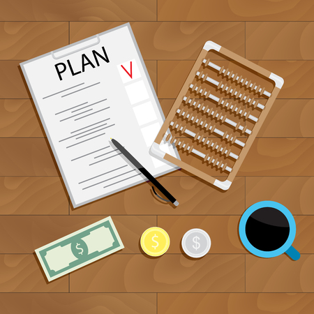 Write financial plan. Management money, financial cocncept with abacus on wood table. Vector illustrationのイラスト素材