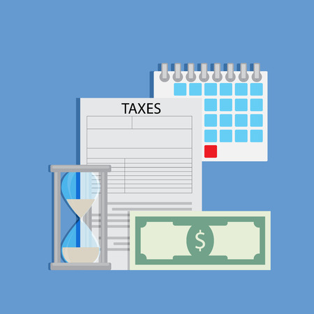 Time for pay tax. Taxes money and hourglass. Banknote and calendar. Vector illustrationのイラスト素材